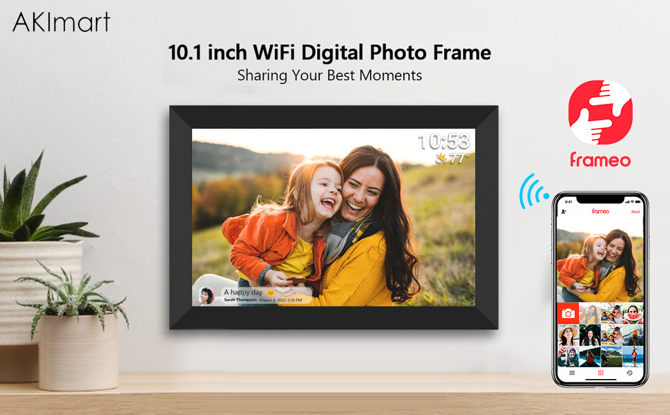 Цифровий фоторамка FRAMEO з Wi-Fi, 32GB, 10.1 дюйма, сенсорний екран, автоповорот, датчик руху, додаток Frameo
