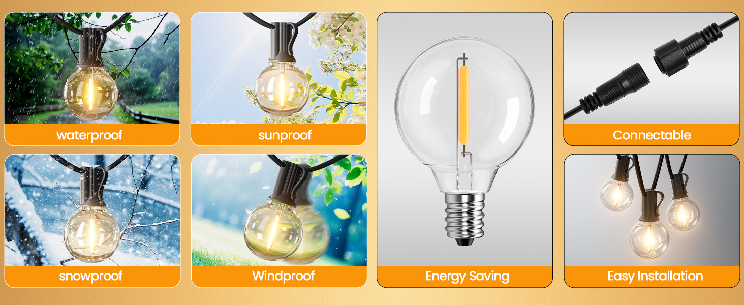 Льо́нточна гiрля́нда для зовнiшнього використання 30м, 50+2 лампочки G40, тепле бiле свiтло, IP45, для терас, вечiрiнок, саду та балкону, стиль Едiсона, з'єднувальна, чорний колір