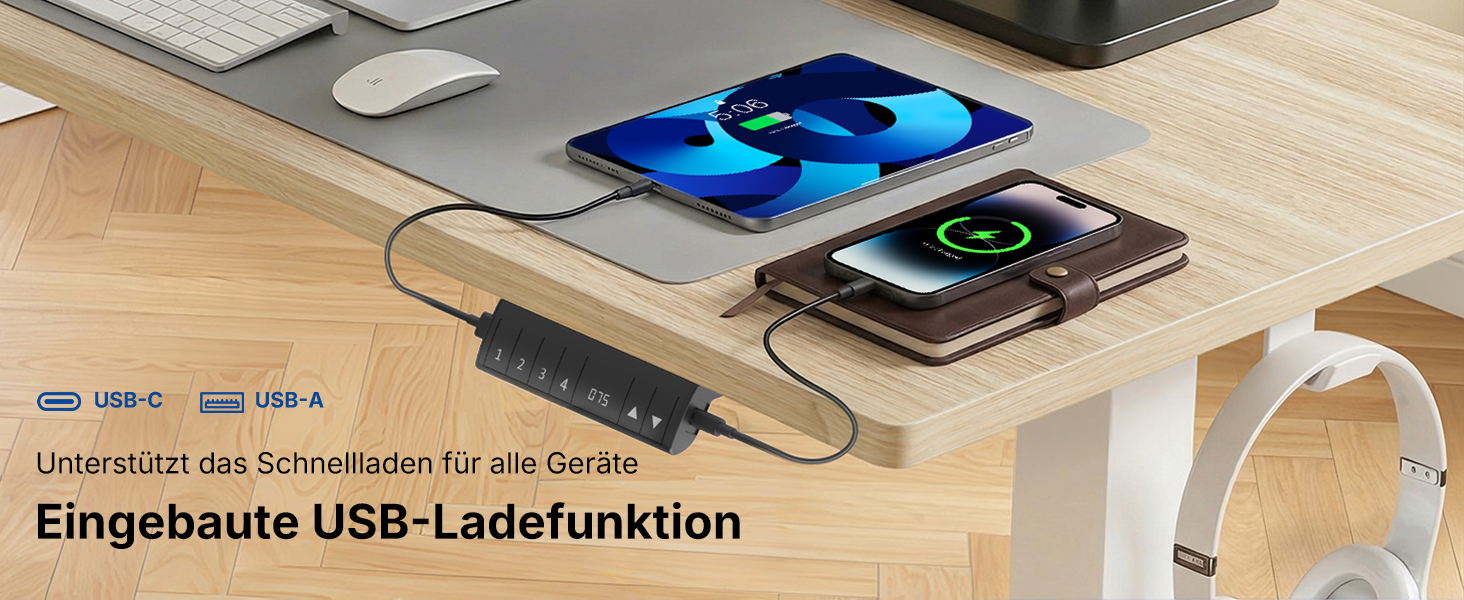 Регульований стіл HUANUO 160x80 см з USB-C/A зарядкою, висота 72-118 см, 4 режими пам'яті, кабель-менеджмент, колір світло-вінтажний дерево