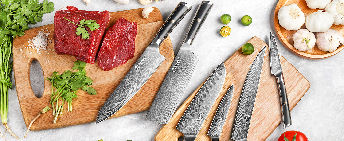 Набір ніжів Sunnecko: Японський ніж Nakiri 7 дюймів з дамаської сталі - кухонний ніж для нарізання овочів та фруктів з ергономічною ручкою