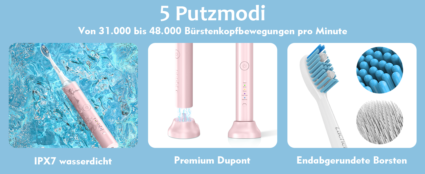 Електрична звукова зубна щітка Läschen, 5 режимів, з чохлом для подорожей, 4 насадки, USB-зарядка на 60 днів, таймер, IPX7 водонепроникність, рожева