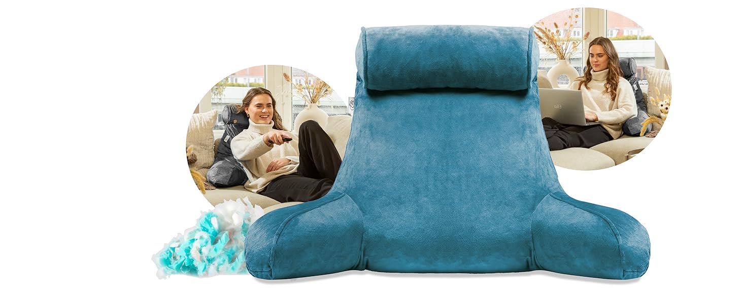 Подушка для читання Ella Lesekissen для ліжка та дивану з знімною подушкою для шиї - спинна подушка для ліжка. Зроблена з піни з пам'яті з підлокітниками, ідеально підходить для читання, перегляду телевізора, відпочинку або як спинна підтримка (Блакитний)