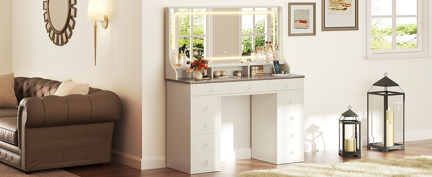 Дзеркальний туалетний столик Dripex з підсвічуванням, 11 шухляд, великий LED-дзеркало, розетка, регульована яскравість, білий (110см, вінтажний коричневий)