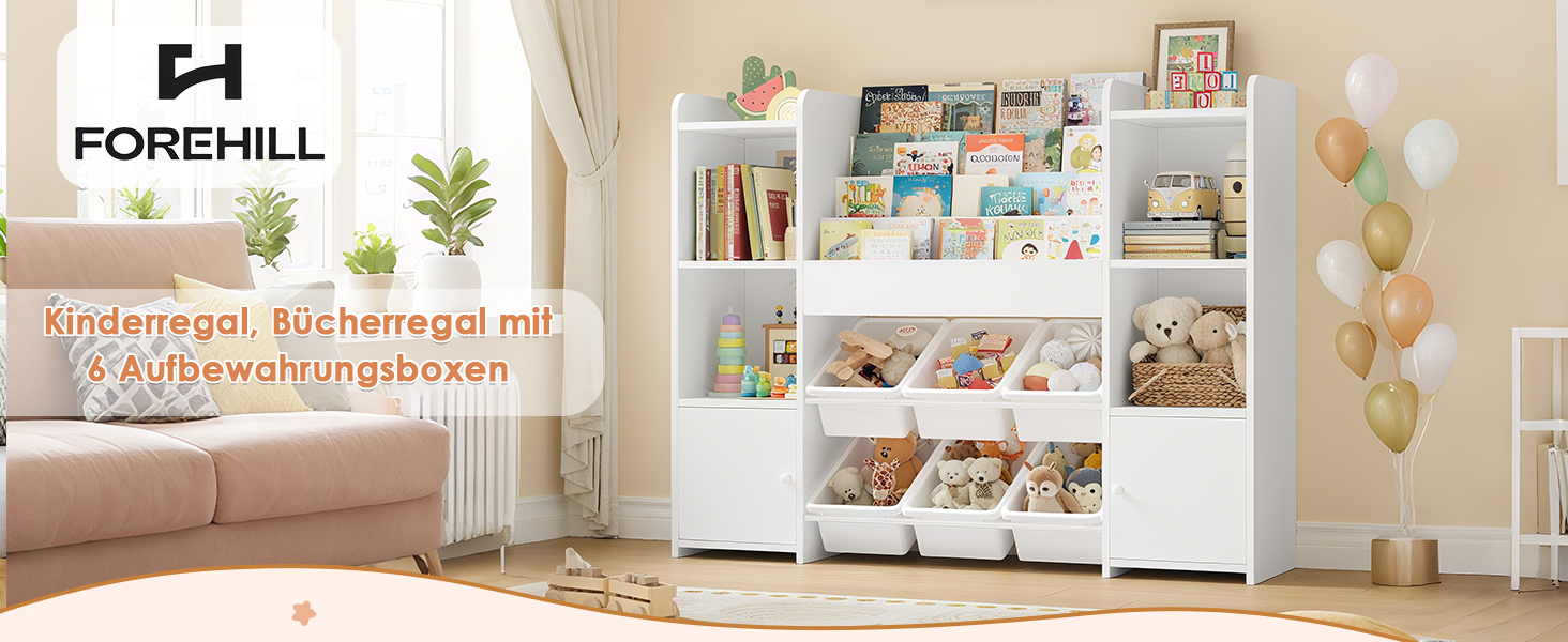 FOREHILL Дитяча полиця-стеллаж для іграшок та книг з 6 ящиками, 119 x 29,5 x 94 см, білий
