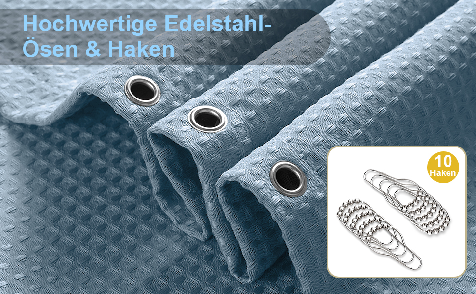 Штора для душу з льону з металевими кільцями, сіра, 182x214 см (Waffel - Mondlichtblau, H214 x B152 см)