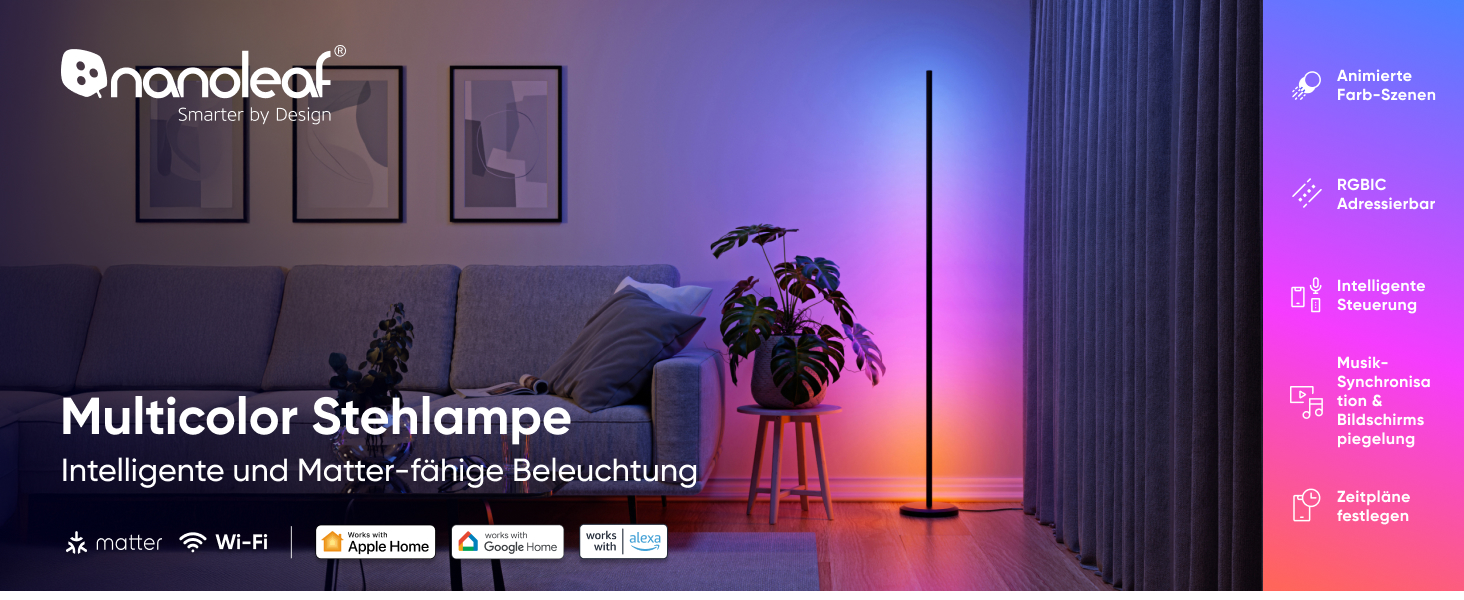 Наноліф Matter Розумна Підлогова Лампа RGB IC LED Диммер, Синхронізація з Музикою, Градієнтні Сцени, 1700lm, Управління через Додаток та Голосові Помічники (Alexa, Apple), Декор для Спальні та Геймінгу (Чорна)