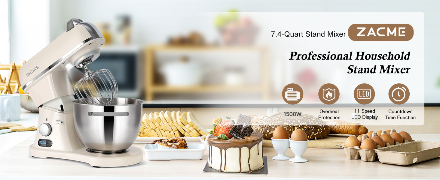 Кухонна машина ZACME Profi з міцним корпусом з алюмінію (1500W), чаша 7л з нержавіючої сталі, LED-дисплей, тиха робота, 3 насадки, захист від бризок, 11 швидкостей