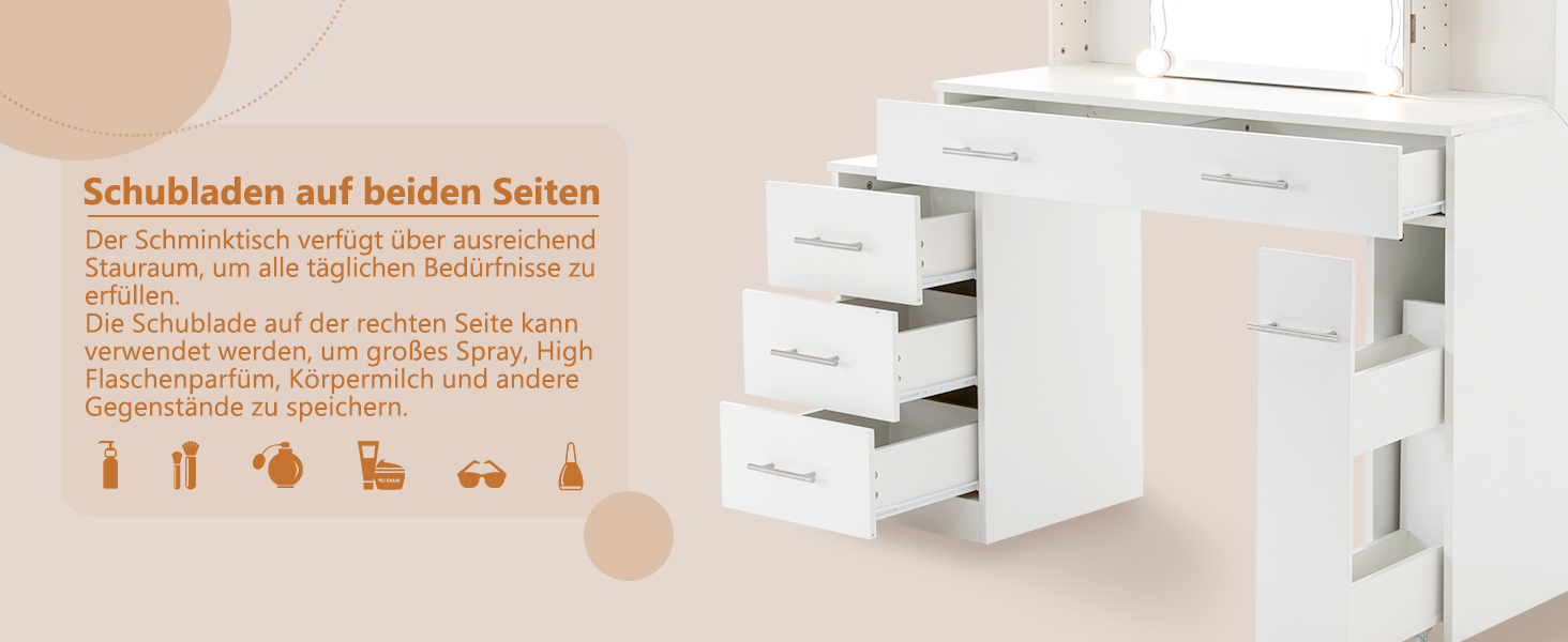 Дзеркальний туалетний столик Thanaddo з підсвічуванням та пуфом, 100×40×136 см. 6 шухляд, відкриті полиці, сучасний дизайн для спальні (білий)