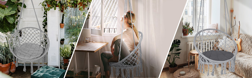 Підвісне крісло-гойдалка VOUNOT з полицею для книг та подушкою, для дому та саду, діаметр сидіння 80 см, X-Large, сірий колір