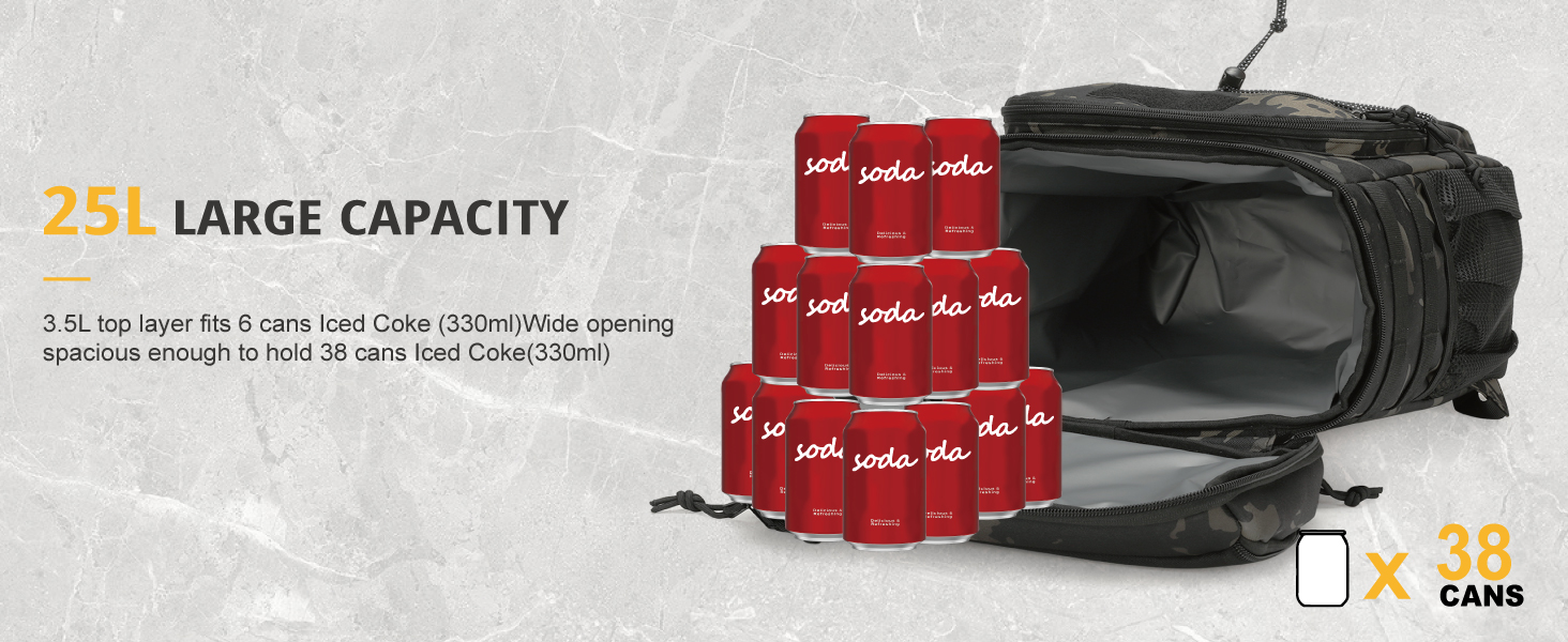 Тактичний рюкзак-холодильник 25L, витримує витоки, міцний, великий ланч-рюкзак, водонепроникний, для чоловіків, жінок, роботи, подорожей, кемпінгу, пляжу та піших прогулянок, чорний камуфляж