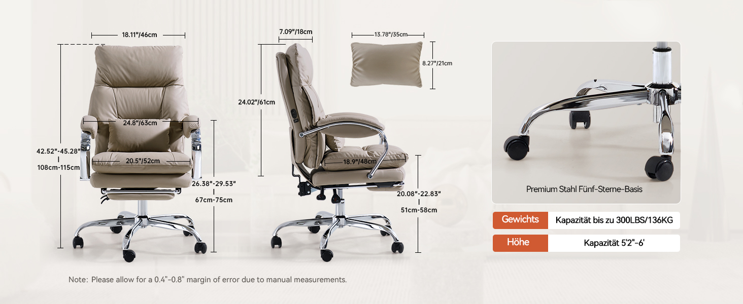 Офісний крісло EMIAH з підставкою для ніг, ергономічний крісло для офісу та дому, комп'ютерне крісло з PU шкіри, з підлокітниками та роликами (Хакі)