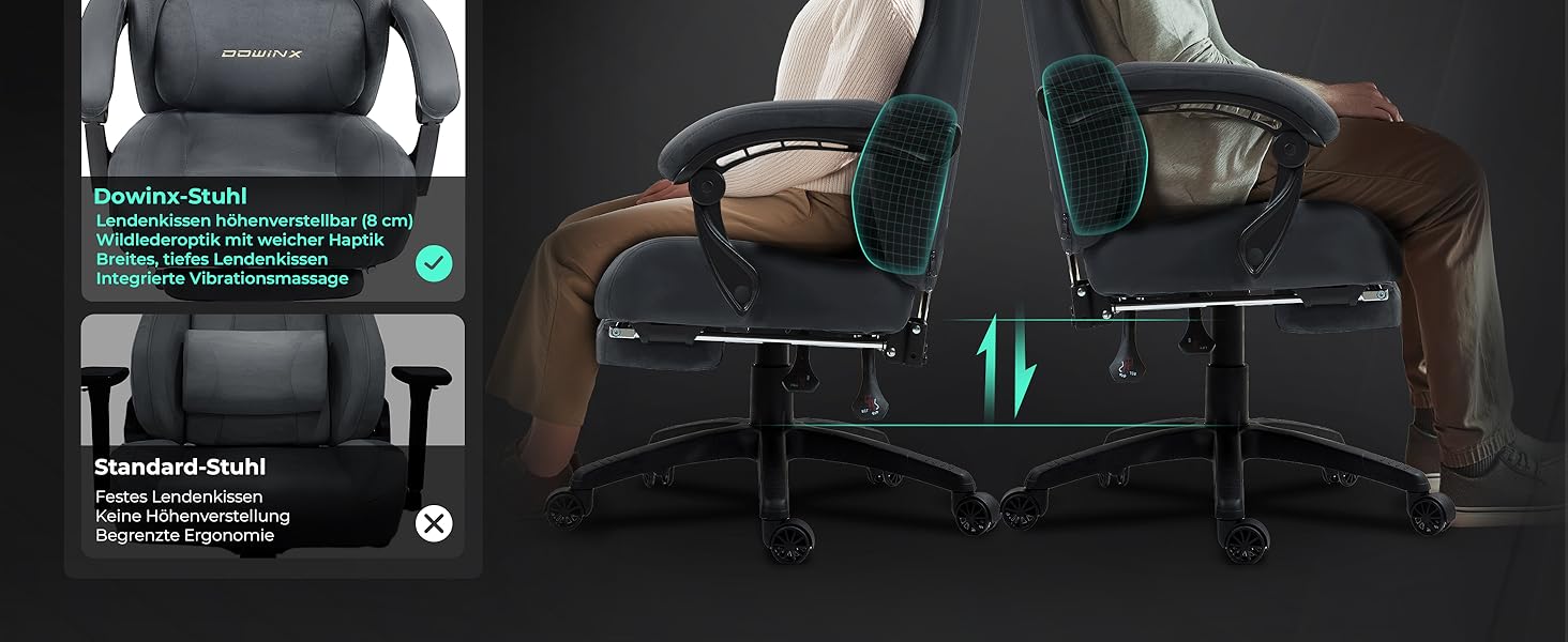 Ігрове крісло Dowinx з масажем попереку, регульованою підголівником, потовщеним сидінням, висувною підніжкою, регульованими підлокітниками, мікрофібровим велюром, нахилом 160°, темно-сіре