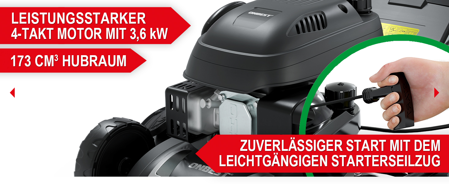 Бензиновий газонокосарка 5-в-1 з потужним двигуном 4.9 PS, 4-тактний, об'єм 173 см³, ширина косіння 46 см, 60л травозбірник, Radantrieb, комплект для мульчування та бічний викид