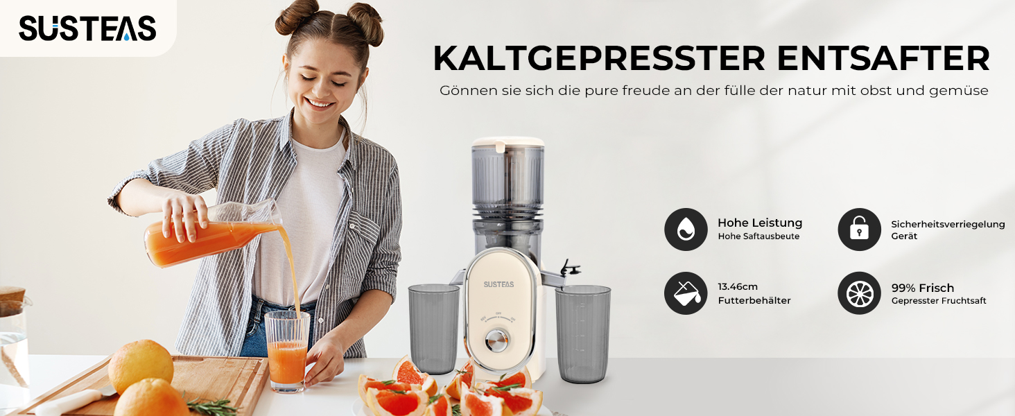 Електричний соковичавник SUSTEAS, 133 мм, повільний віджим, 300 Вт, 1.5 л, для цілих фруктів та овочів, легкий у чищенні, висока вихідність соку, білий