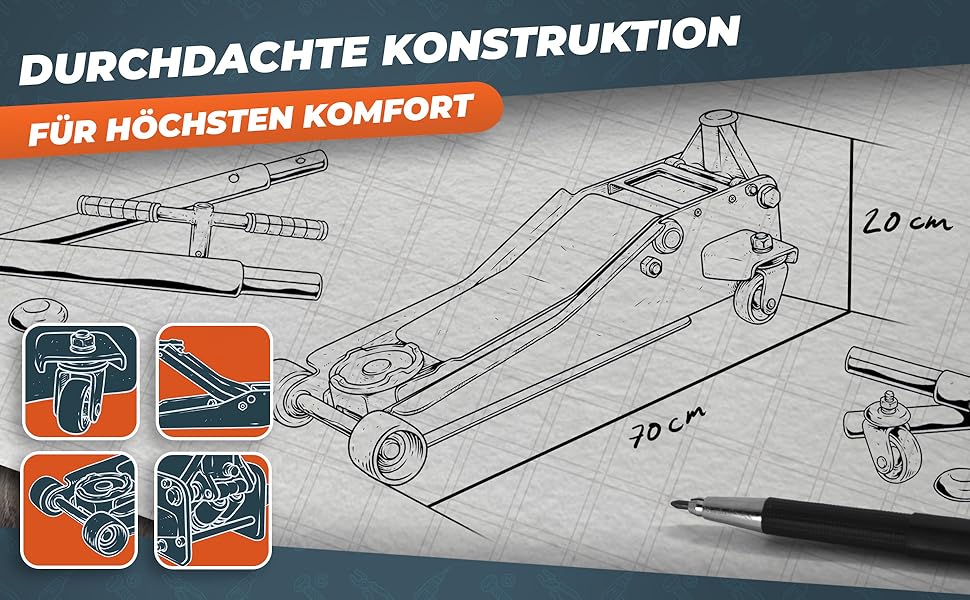 Гідравлічний домкрат HAMMERHART 3T з низьким профілем, 75-505мм, колеса 360°, подвійний поршень, гумова накладка, Т-ручка - Преміум якість