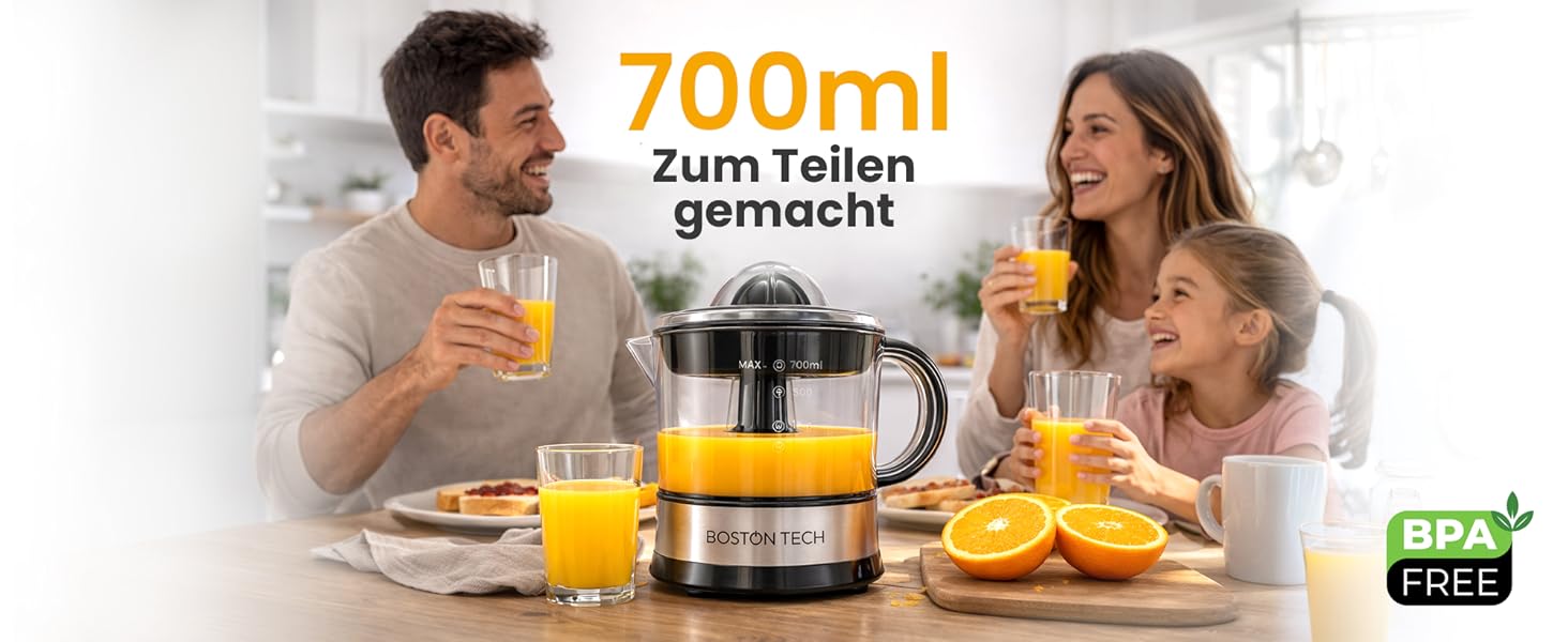 Електрична цитрусовижималка Boston Tech MasterJuicer 700 мл з нержавіючої сталі - 40W, подвійна конусна система, без BPA, висока продуктивність