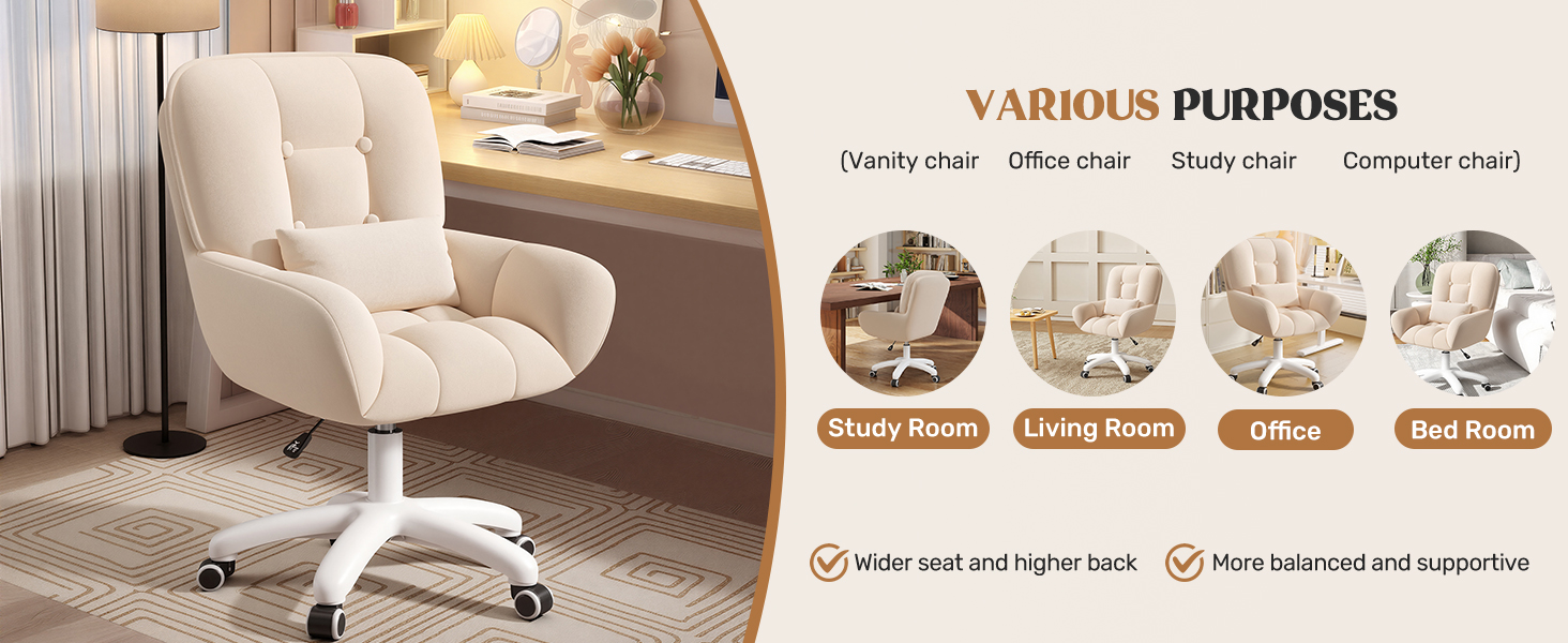 Ергономічне крісло 2-в-1 для дому та офісу: обертове, регульоване по висоті, з велюру, 360°, бежеве