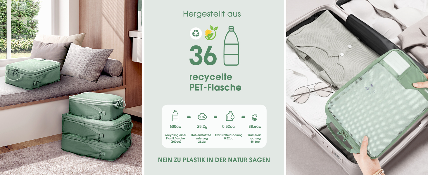 Набір компресійних органайзерів для валізи та рюкзака ECOHUB, 4 предмети, еко-серія з сіткою та бирками, зелений