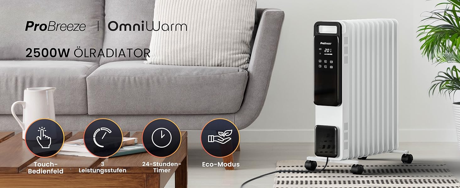 Електричний масляний радіатор Pro Breeze OmniWarm 2500W з 11 ламелями - енергозберігаюча теплова гармата з термостатом, таймером та захистом