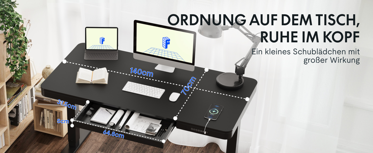 Електричний регульований стіл FLEXISPOT з підйомною функцією, USB-порт, ящик для зберігання та скляною стільницею (сніжно-білий), 140 x 70 см, Luxusschwarz