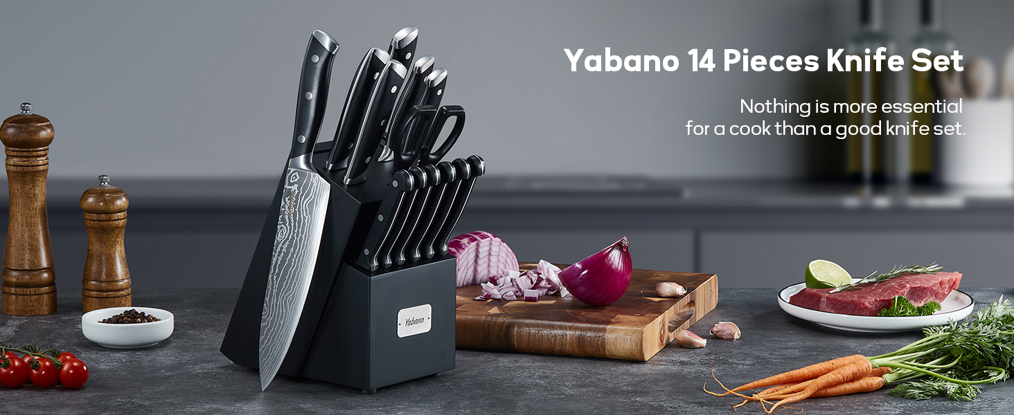 Набір ножів Yabano 14 предметів з автозаточкою, з нержавіючої сталі з пластиковою ручкою та дерев'яним блоком, професійний кухонний набір