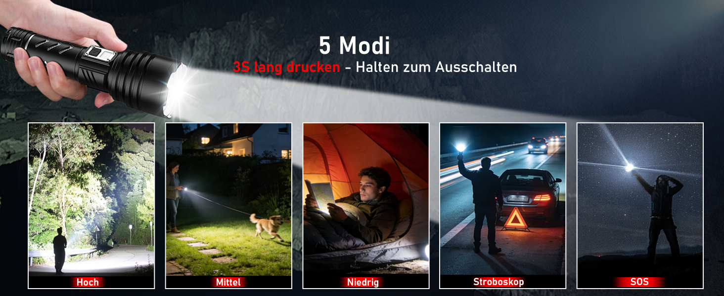 Потужний тактичний ліхтарик Shadowhawk LED 1 000 000 Лм, 50Вт, акумулятор 6000mAh, дальність 1000м, LCD-дисплей, функція розпалювання вогню, чорний — для кемпінгу та виживання