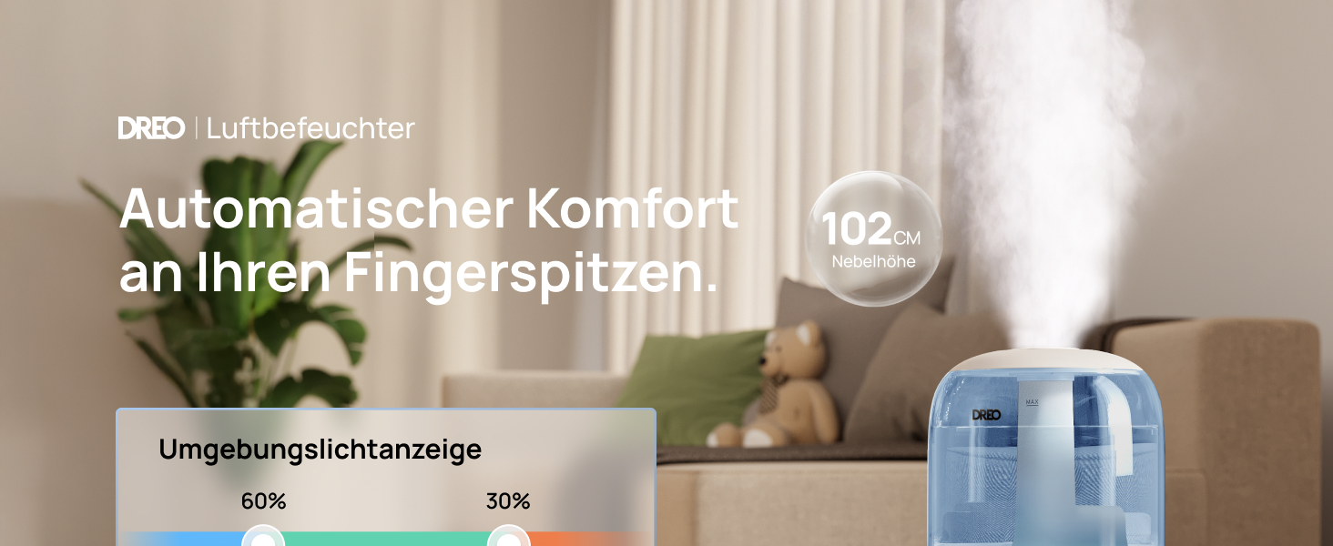 Зволожувач повітря Dreo для спальні, ультразвуковий холодний туман, 30 годин роботи, 3L резервуар з верхнім заповненням, датчик вологості, нічне світло для дітей, кімнати, рослин та дому (Blue)
