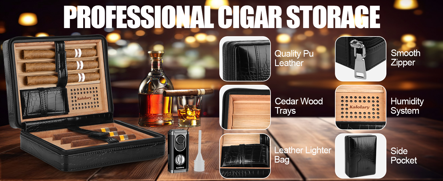 Вишуканий вологозбережувач для сигар Kalolary з різаком, портативний дорожній футляр для сигар з кедрової деревини, вміщує до 8 сигар, чудовий подарунок для чоловіків (Чорний)
