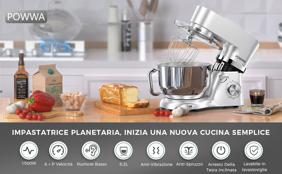 Кухонна машина POWWA 5.5L з 6 швидкостей, 1500W, для замішування тіста, з міксером, гаком для тіста та захистом від бризок (срібна)