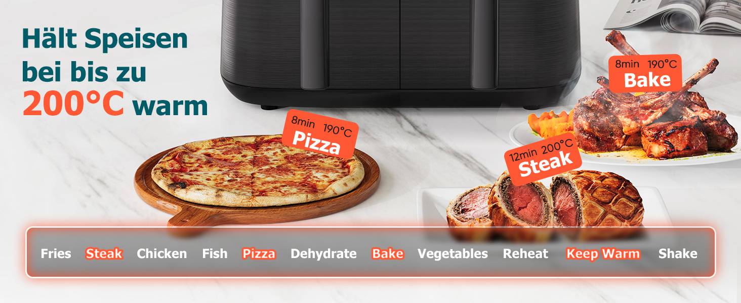 Фритюрниця повітряна 10л, 2 камери, 10-в-1, з цифровим керуванням, таймер, 40 рецептів, для 6-10 осіб