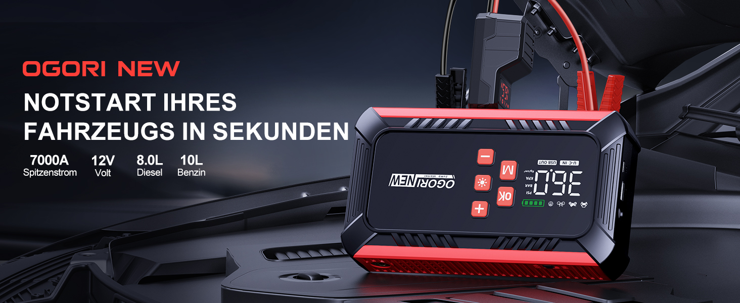 Powerbank для автомобіля з компресором 150 PSI, 7000A, 12V, 8L/10L (бензин/дизель), LED-ліхтарик