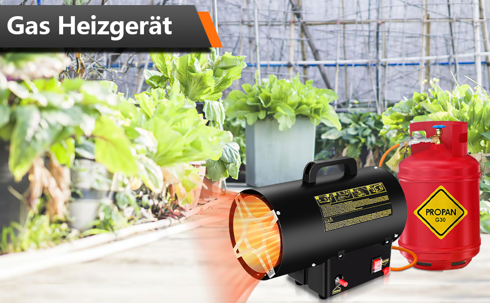 Газовий нагрівач з вентилятором, 15 кВт, з газовим шлангом 1,2 м та редуктором тиску 700 мбар, нержавіюча сталь, Piezo-запалювання, з ручкою