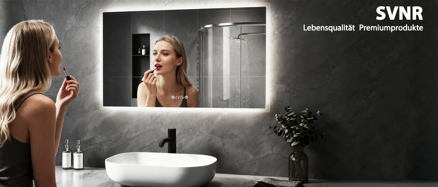 Дзеркало для ванної кімнати зі підсвічуванням SVNR, 70 x 50 см, LED, з 4 мм дзеркалом без вмісту міді, подвійне сенсорне керування, антизапарник, регулювання кольору світла (3000K-6400K), Smart-дзеркало з лупою 5x та розеткою для гоління