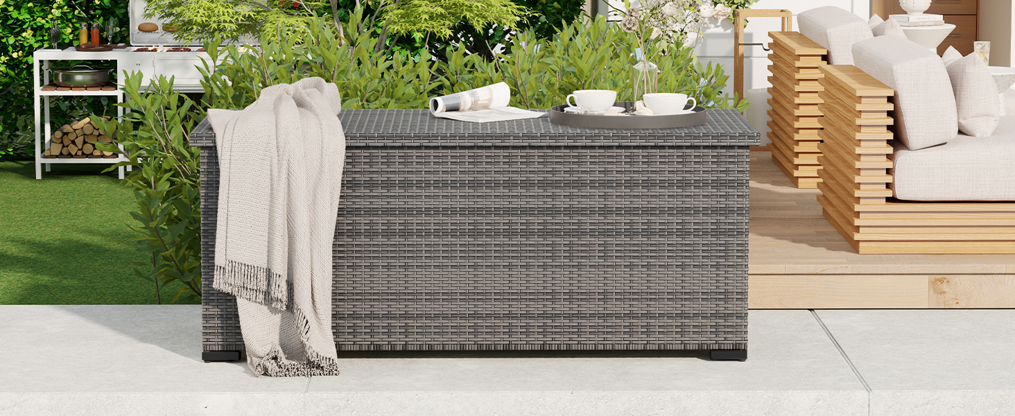 Водонепроникний садовий ящик Amopatio Gartenbox 650л з поліротангу, сірий. Ящик для подушок, металева коробка для зберігання з газліфтами для саду, балкону