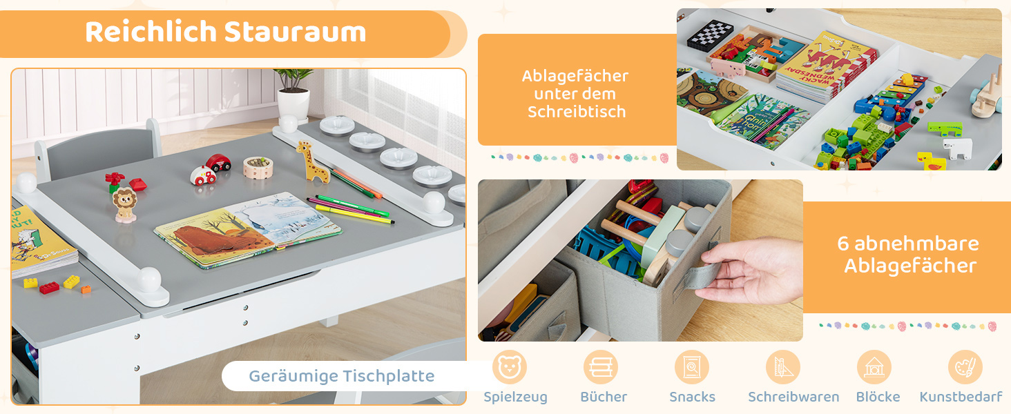 Дитячий стіл COSTWAY 3 в 1 з 2 стільцями, активний стіл-мольберт з підйомною стільницею, набір кольорів, 6 тканинних контейнерів та рулон паперу, сірий, 109x60x55 см