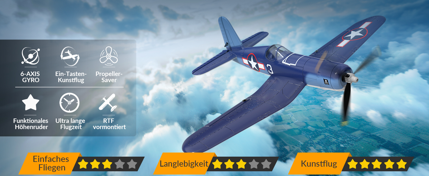 Радіокерований літак Volantexrc F4U Corsair V2 RTF 2.4GHz з USB зарядкою – для початківців, паркфлаєрів, легких польотів