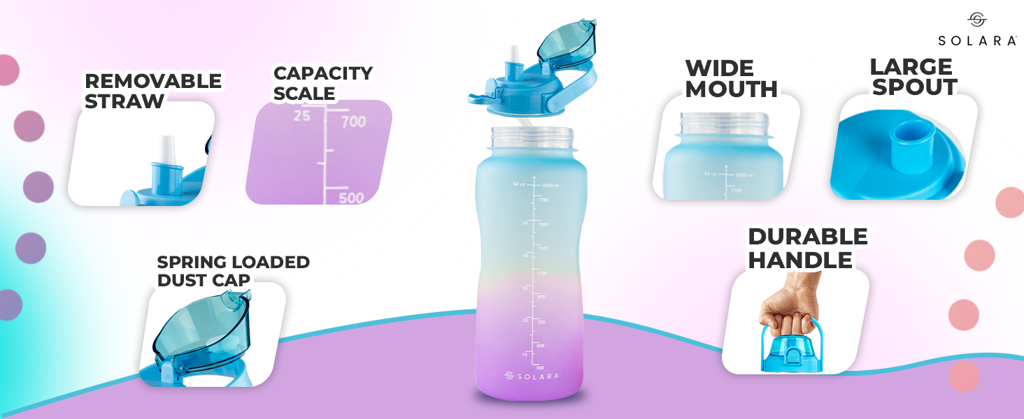 Пляшка для пиття SOLARA з соломкою / пляшка для пиття об'ємом 1 л з позначкою часу / пляшка для води Tritan об'ємом 1 л з позначкою часу / герметична пляшка для води об'ємом 1000 мл з соломинкою, що не містить бісфенолу А (Блакитна Фуксія, 2 літри)