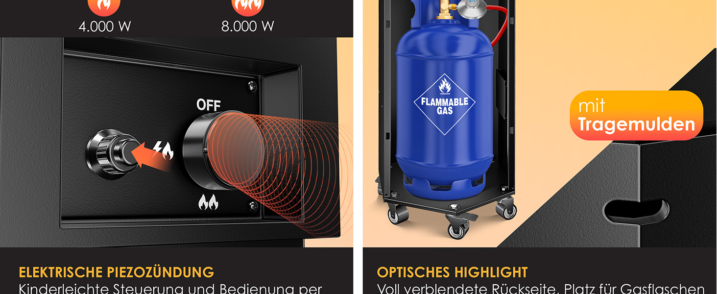 Газовий обігрівач KESSER® 4/8 кВт з П'єзозапалюванням, регулятором тиску газу та захисним кожухом. 360° обертання, захист від перекидання. Підходить для тераси, вулиці. Колір: антрацит.