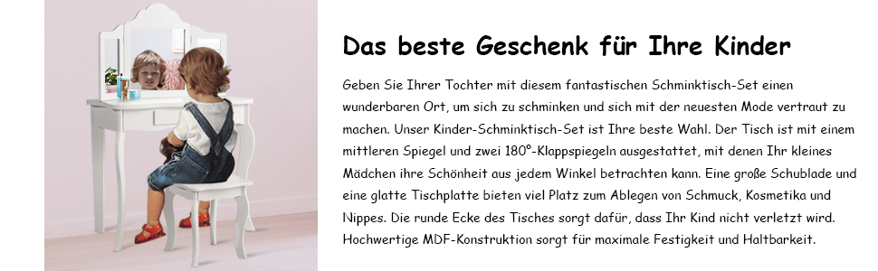 Детский туалетный столик COSTWAY 2-в-1 с LED-подсветкой, зеркалом и ящиками, для девочек (белый)