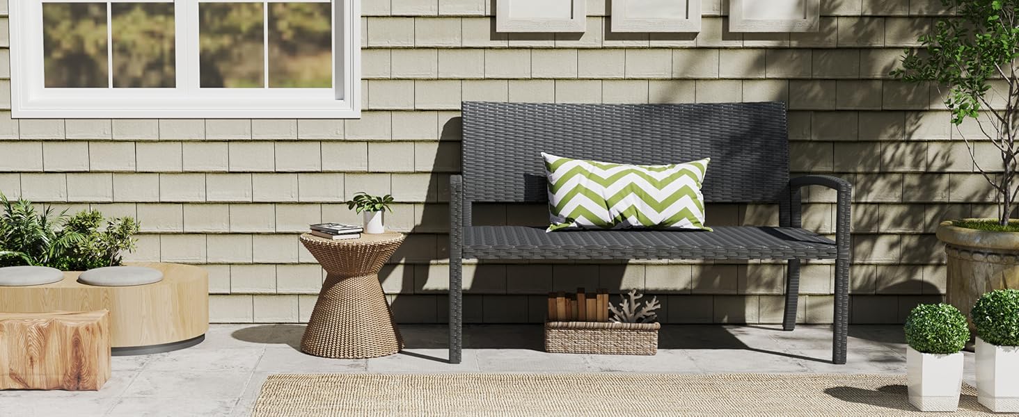 Садова лавка Udpatiо з ротангу для тераси, балкона та саду, чорна 123x63x86 см, витримує до 320 кг
