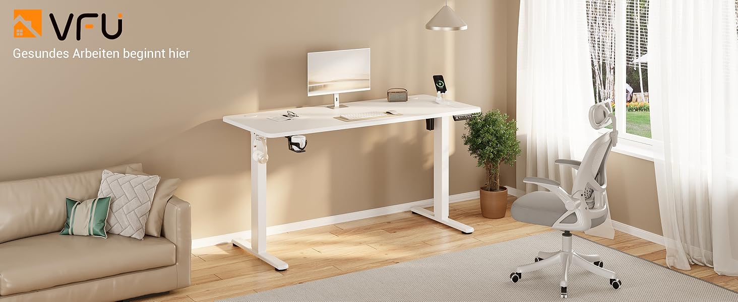 Регульований стіл 140 x 60 см з USB-C зарядкою, електричний, з функцією пам'яті, для офісу, стоячий/сидячий, білий Pro, 140x60 см
