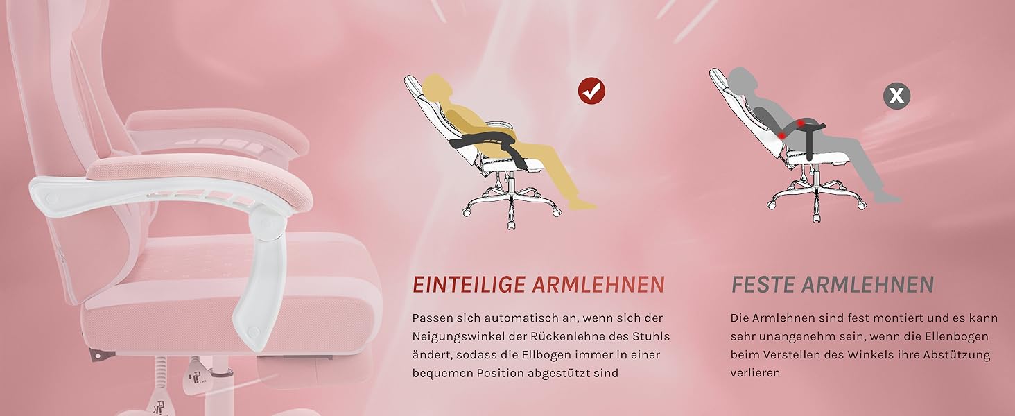 Ігровий крісло WOLTU з масажем, комп'ютерне ергономічне крісло, кишенькові пружинні подушки, масаж попереку, підголовник, підніжка, поворотне крісло, 150 кг, сітчаста тканина, Рожевий+Білий