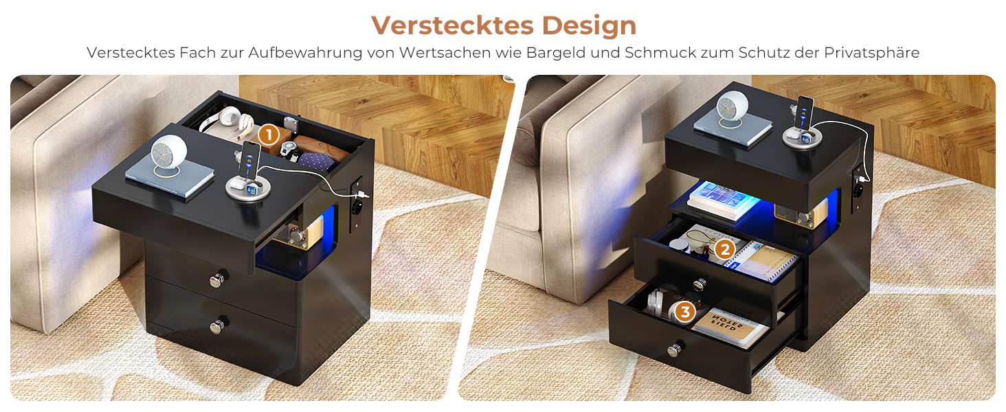 Нічний столик AOGLLATI з прихованим відділенням, розеткою та LED-підсвічуванням, 2 шухляди, висувний ящик, полиця, глянцева поверхня (40x35x59 см, чорний, 2)