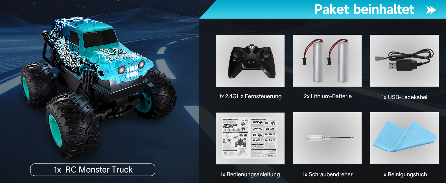 RC Monstertruck 1:20 2.4GHz синій - радіокерований позашляховик для хлопчиків та дівчаток від 3 років з LED підсвіткою, музикою та функцією 'ходьба на двох колесах'