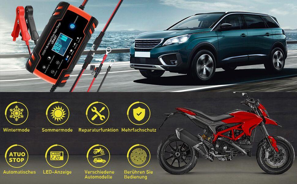 Зарядний пристрій для акумулятора URAQT 8A: 12V/24V, розумний, автоматичний, з LCD, для авто, вантажівок, мотоциклів, човнів