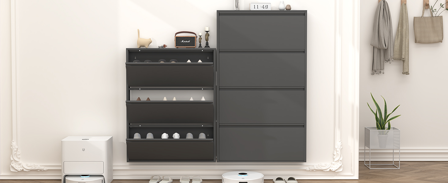 Чорний настінний органайзер для взуття GREATMEET з 4 висувними ящиками, вузький, для передпокою