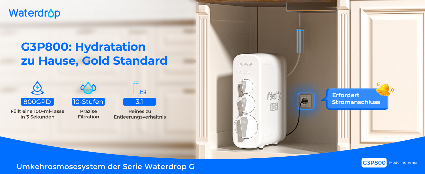 Waterdrop G2P600 Система фільтрації води зворотного осмосу, 8000 літрів, очищення 2:1, без бака, пом'якшувач води RO під мийку (G3-800G)