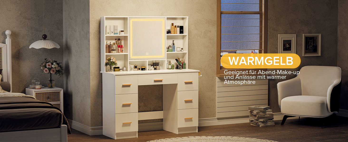 Дзеркальний туалетний столик Belife з підсвічуванням та 7 висувними ящиками, розеткою та 3 кольорами світла для спальні V5