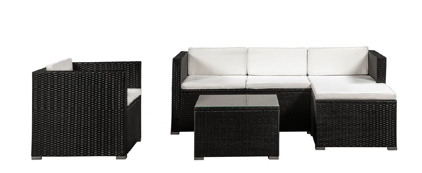 Juskys Lounge Punta Cana L: Комплект садово-розкішних меблів для 4-5 осіб (софа 3 місця, крісло, пуф, столик, подушки). Чудовий вибір для саду, тераси та балкону. Водостійкий набір меблів для відпочинку. Чорний/Крем.