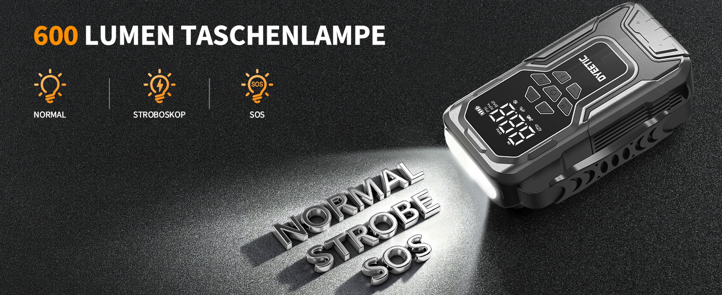 Powerbank Starthilfe 6000A з компресором 150PSI: портативний пусковий пристрій для авто та мото (бензин, дизель до 10.0L) з LED-ліхтариком QC3.0, срібний